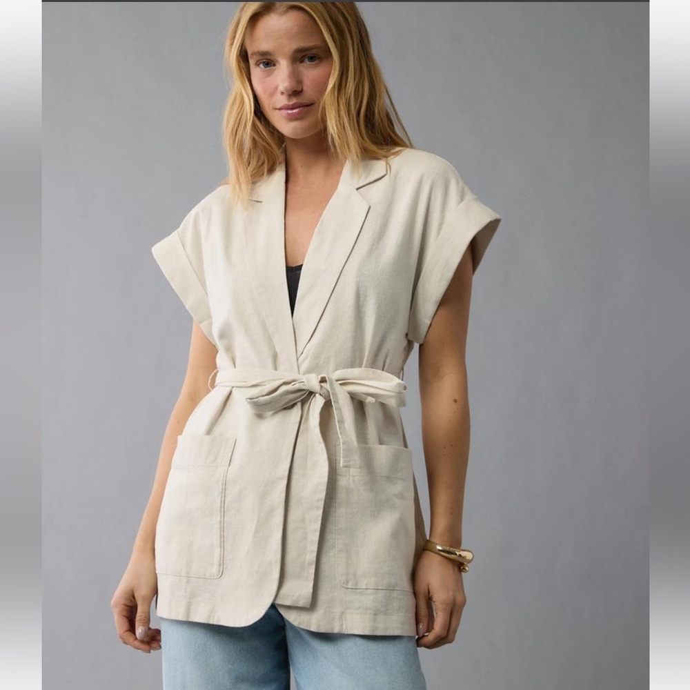 American Eagle Beige Linen-Blend Tie Waist Blazer Vest